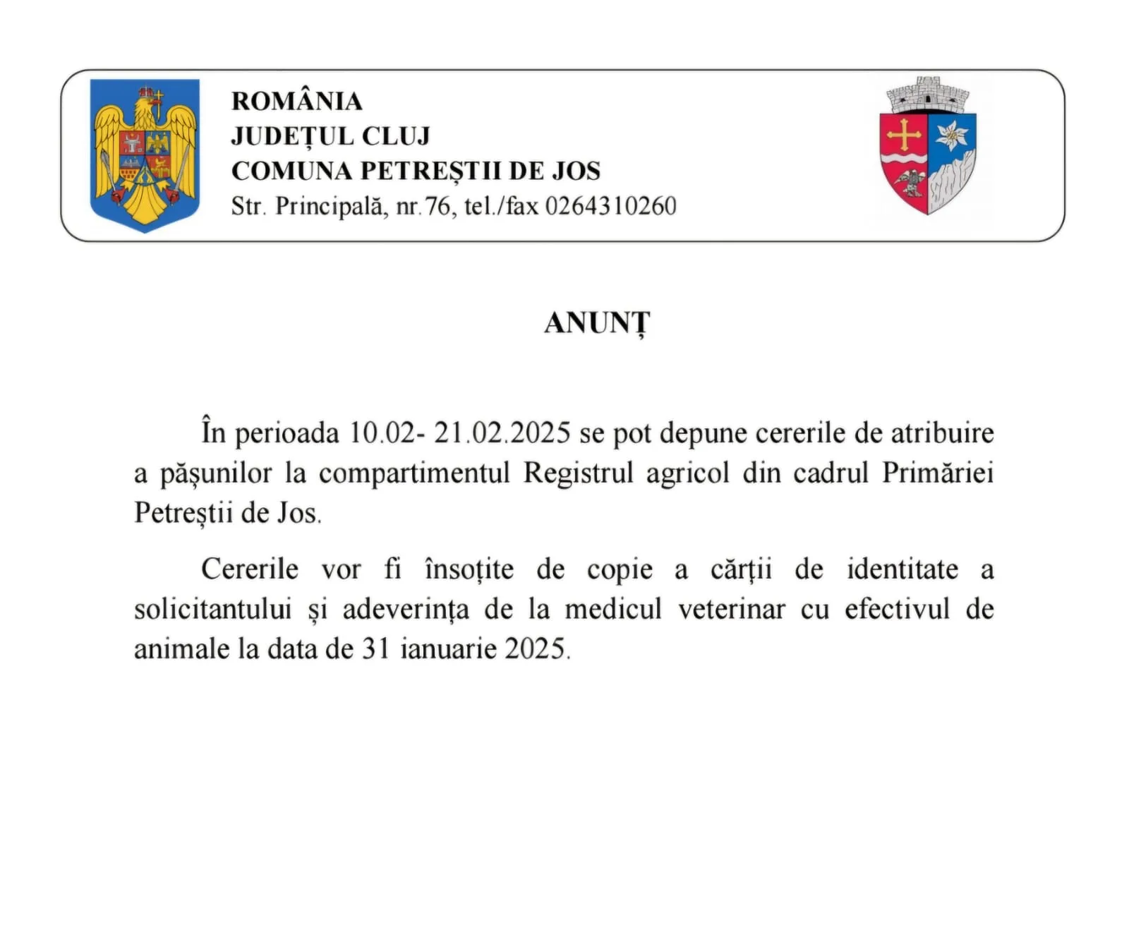 Anunț privind depunerea cererilor de atribuirea pășunilor – Primaria Comunei Petrestii de Jos